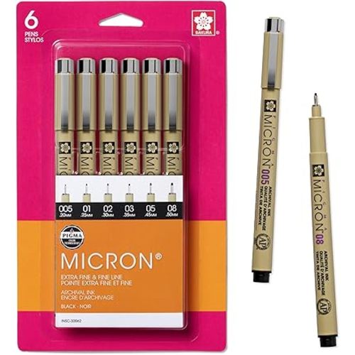 SAKURA Pigma Micron Fineliner Pens - Archival Black Ink Pens - Pens for Writing, Drawing, or Bullet Journaling - Assorted Point Sizes - 6 Pack