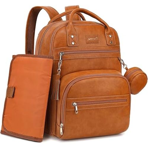 Vegan Leather Diaper Bag Backpack for Boy Girl with Changing Pad and Pacifier Case, Waterproof, Travel Baby Bag Backpack for Mom Dad, Perfect Baby Shower Gifts, Brown