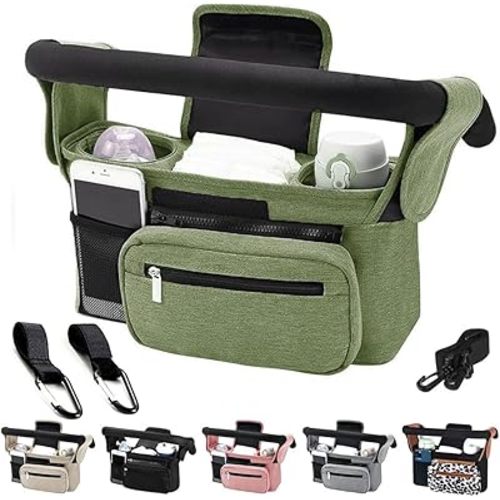 Baby Stroller Organizer, Universal Stroller Organizer with Detachable Phone Bag, Stroller Caddy with 2 Insulated Cup Holders, Buggy Organizer Bag with 2 Hooks Fits Most Strollers (Green)