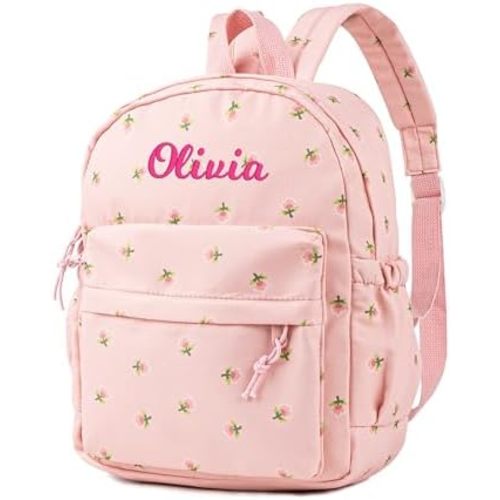 MT WORLD Floral Toddler Backpack Personalized Daycare Backpack Little Girls Backpack with Flower Custom Backpack Gifts with Embroidered Name for School Overnigtht Daily Activities (Pink)