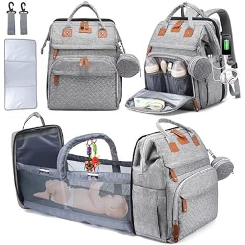 Diaper Bag Backpack with Changing Station includes Reusable Wipes Bag,USB Charging Port, Pacifier Case,Travel-Friendly, Waterproof Oxford, Large Capacity, Boys & Girls
