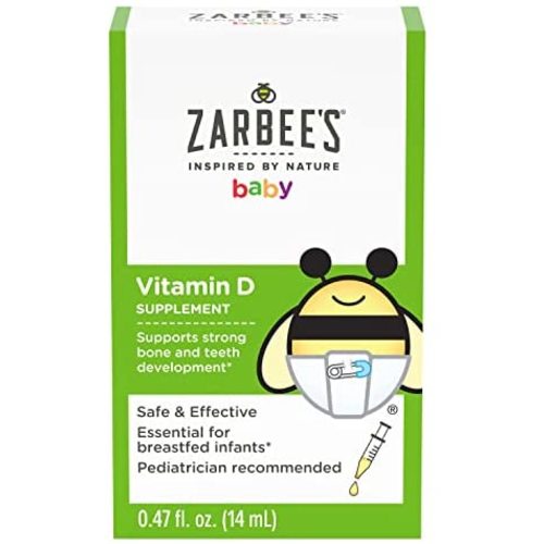 Zarbee's Vitamin D Drops for Infants, 400IU (10mcg) Baby & Toddler Liquid Supplement, Newborn & Up, Dropper Syringe Included, 0.47 Fl Oz