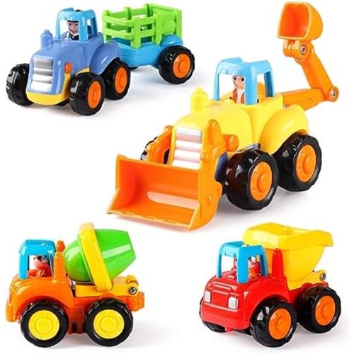 Coogam 4 Pack Friction Powered Cars Construction Vehicles Toy Set Cartoon Push and Go Car Tractor, Bulldozer, Cement Mixer Truck, Dumper for Year Old Boy Girl Kid Gift