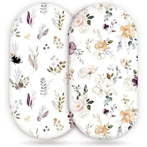 GRSSDER Stretchy Ultra Soft Fitted Bassinet Sheet Set 2 Pack, Universal Fit for Bassinets Baby Cradle Moses Basket Oval Rectangle Mattress, Watercolor Pretty Purple Flora for Girls