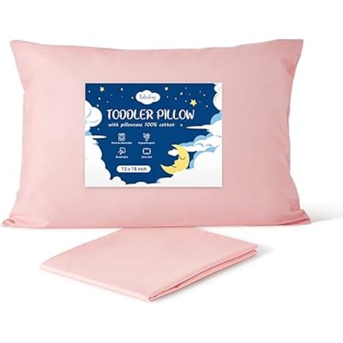 Babebay Toddler Pillow,13X18 Soft Kid Pillow for Sleeping, Machine Washable Toddler Pillow with Cotton Pillowcase, Age 2 to 5 (Pink)