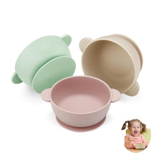 PandaEar 3 Pack Baby Bowls with Suction| Stay Put Silicone Food Bowl for Babies Kids Toddlers Infants| Food Grade Soft Safe BPA-Free Silicone (Pink Green Light Tan)