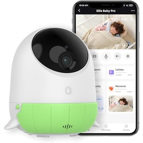 Ellie Baby Monitor with Camera and Audio, Face Covered Alert, AI Cry Soothing Lullaby, 2K HD Camera, Auto Photo Capture, Infrared Night Vision, Sleep Analysis, Temp& Humidity Detection