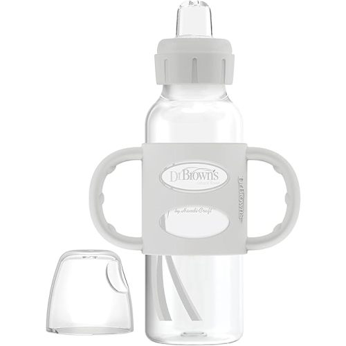 Dr. Brown's Milestones Narrow Sippy Spout Bottle with 100% Silicone Handles, Easy-Grip Handles with Soft Sippy Spout, 8oz/250mL, Gray, 1-Pack, 6m+