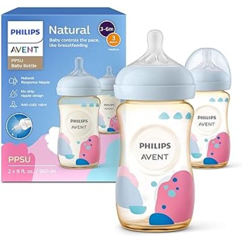 Philips Avent PPSU Natural Baby Bottles with Medium Flow Nipples (Flow 3), 9oz, with Decoration, 2-Pack, SCY943/02