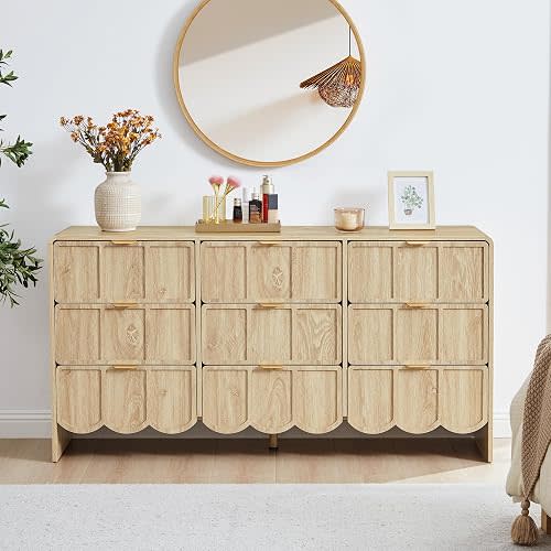 ORRD 9 Drawer Dresser for Bedroom, Modern Closet Chest of Drawers with Wave Fluted Drawer, Wood Storage Small Dresser Organizer for Nursery Bedroom Living Room Hallway Closet (Natural)