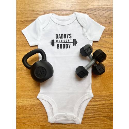 Set of "Daddy's Workout Buddy" Infant Bodysuit, Kettlebell and 2 Dumbbell Rattles. Great gift for exercise enthusiasts and baby showers!