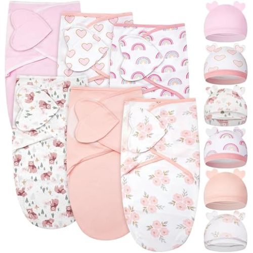 Ramede 6 Pack Baby Swaddle Blanket with Hats Sleep Swaddle for 0-3 Months Newborn Sacks Soft Cotton Wearable for Boy Girl