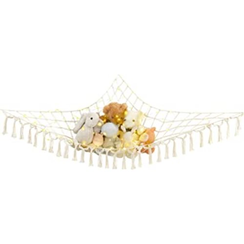 Mkono Stuffed Animal Net or Hammock Boho Toy Storage Holder Hanging Organizer with Decorative Tassels and Lights Large Corner Plush Net Toys Display Hammock for Nursery Kid Room Playroom, Ivory