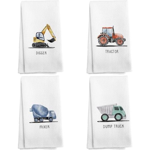 Construction Vehicles Decorative Hand Towels for Kids Set of 4, Bathroom Decor for Boys, Drying Cloth, 1624 Inches