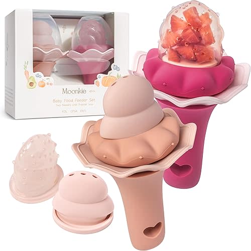 Moonkie Baby Fruit Feeder| BPA Free Silicone Infant Food Feeder | Two Sizes Pouches and Breastmilk Popsicle Molds for Cooling Relief | Baby Shower Gifts 4 Months+, 2 Pack