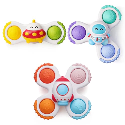 LiKee Strong Suction Cup Fidget Rotating Sensory Bath Toys for Baby 12 18 Months Airplane Car Travel Table & Window Toys for 1 2 Years Old Toddler Boys and Girls (Space-1)