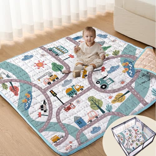 ZNVYPPD Baby Play Mats for Floor, 50X50 Playpen Mat, Car Playmat Non-Slip Cushioned Crawling Mat Thick Soft Playmats for Babies Toddlers Infants Activity & Tummy Time, Machine Washable (Car,50x50)