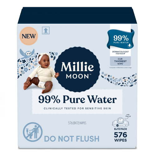 Millie Moon 99% Pure Water Baby Wipes, Lotions and Latex Free, Resealable Pack 576 Count