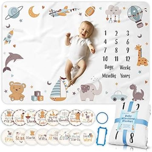 Monthly Milestone Blanket for Baby Boy, Premium Soft Fleece Blanket, First 12 Months Growth Chart, Large Size 60" x 40", 16 Milestone Stickers, for Boys