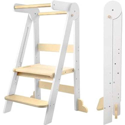 Nordi™ Foldable Toddler Kitchen Tower, Kitchen Stool Helper, Standing Tower with 3 Adjustable Heights, Suitable Age for 1.5-6 Years, Montessori Kitchen Stools(White)