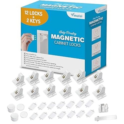 Vmaisi Adhesive Magnetic Cabinet Locks (12 Locks and 2 Keys)