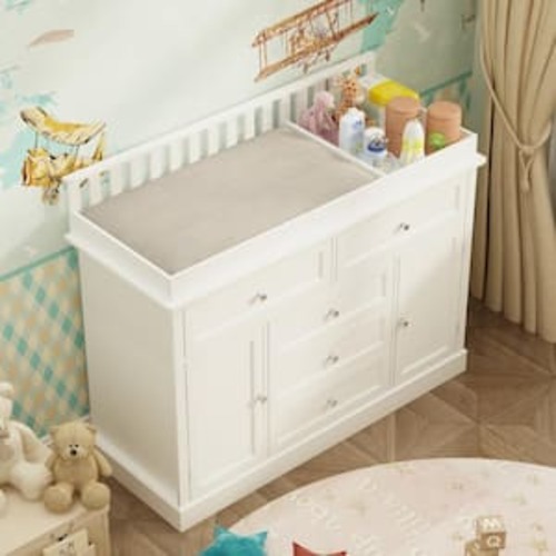 Cream White Wooden Changing Table, Chest of Drawers, Dresser with 3 Drawers, 4 Shelves and 2 Doors
