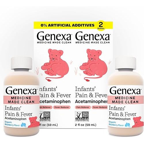 Genexa Infants’ Pain and Fever Reducer | Baby Acetaminophen, Dye Free, Liquid Oral Suspension Medicine for Infant | Delicious Organic Blueberry Flavor | 160 mg per 5mL | 4 Fluid Ounces (2 Pack)
