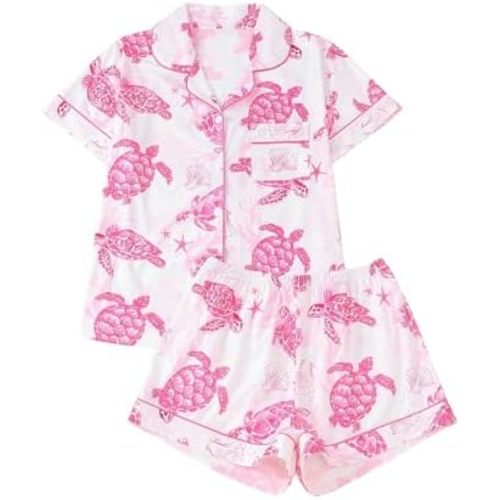 WDIRARA Women's 2 Piece Sea Turtle Graphic Pajama Set Button Down Short Sleeve Shorts Loungewear Pjs Sets