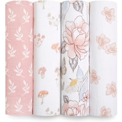 aden + anais Swaddle Blanket, 100% Organic Cotton Muslin Blankets for Girls & Boys, Baby Receiving Swaddles, Ideal Newborn & Infant Swaddling Set, 4 Pack, Earthly