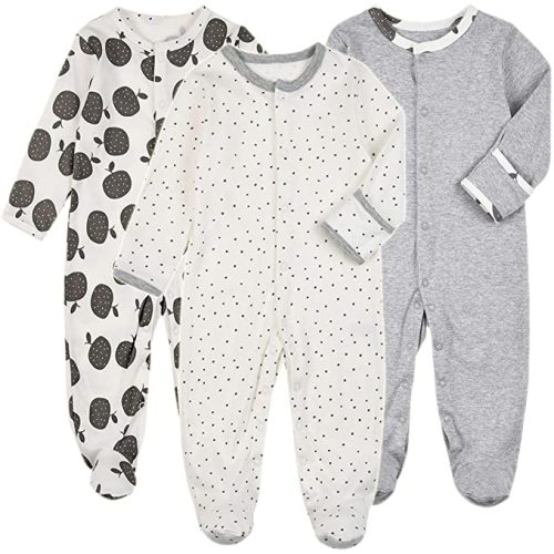 Aablexema Baby Footie Pajamas with Mittens - 3 Pcs Infant Girls Boys Footed Onesies Sleeper Newborn Cotton Sleepwear Outfits - Fruit/Grey/Dot(snap)