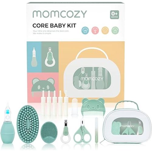 Momcozy Core Baby Kit, Baby Shower & Registry Essential Kit for Grooming&Health&Cleansing Care, Includes Nail File Kits, Nasal Aspirator, Gas Relief Tubes, Bath Brushes, Toothbrush, Comb, Storage Case