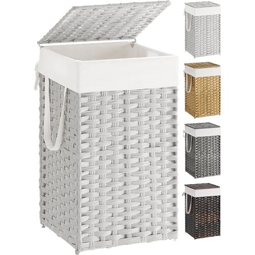 SONGMICS Laundry Hamper with Lid, 17.2 Gallon (65 L) Synthetic Rattan Clothes Laundry Basket with Lid and Handles, Foldable, Removable Liner, Cloud White ULCB165W01