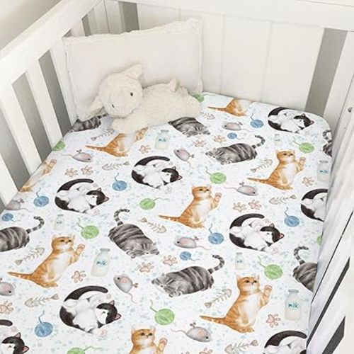 Watercolor Cats Baby Crib Sheets 52''x28'' - Cute Paws Milk Snug Fitted Mattress Cover for Boy Girl - Soft Nursery Bed Sheets for Standard Crib and Toddler Mattresses - Cat Lovers Gift