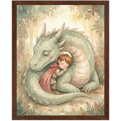 Lawrence Williams Designs Poster - Child and Dragon Friendship Poster - Fantasy Whimsical Wall Art - Soft Storybook Style - Kids Room Nursery Bedroom Imaginative Decor - 11x14 Brown Frame