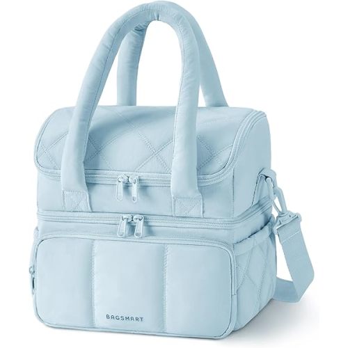 BAGSMART Lunch Bag Women, Double Deck Insulated Lunch Box, Quilted Puffer Lunch Tote, Leakproof, Durable & Reusable Large Lunch Cooler For Work Picnic Travel Meal Prep, Light Blue