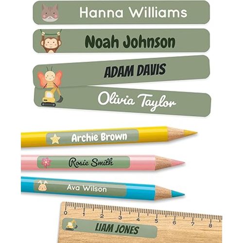 Personalized Name Labels for Kids in School & Daycare (75) - Custom Name Stickers for Pencils and Other School Supplies - Washable in Dishwasher (2.0” x 0.3”) - Green