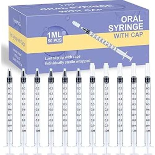 50 Pcs 1ml Syringes with Caps Oral Dispenser Individually Sterile Warpped for Medicine Dropper, Colostrum Collect Feeding Pets, Liquid