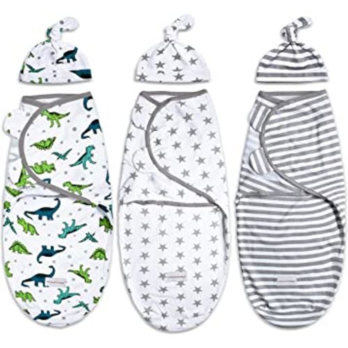DUYANG Boys Swaddle Set, Large, 3pcs Wrap Blankets with 3pcs Baby Cotton Caps,3-6 Months (3+3pack1)