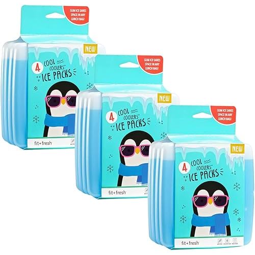 Cool Coolers By Fit + Fresh, 4 Pack Slim Ice Packs, Space Saving Reusable Ice Packs for Lunch Boxes or Coolers, Blue, 3 Packs of 4