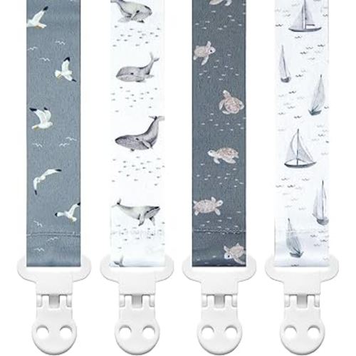Stadela Baby Pacifier Clip Holder - Girl or Boy Unisex 4 Pack Gift Set – Nautical Blue Whales Boats Turtles (Gone Sailing)