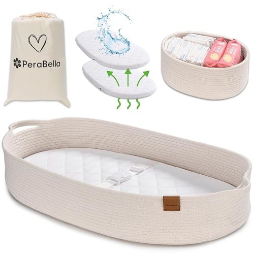Baby Changing Basket for Baby Dresser, Moses Basket for Babies, Cotton Rope Diaper Changing Basket, Unisex Baby Moses Basket, Foam Diaper Changing Pad for Dresser, Changing Table Topper for Dresser - Silky White