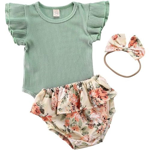 CIYCUIT Newborn Baby Girl Summer Clothes 0 3 6 9 12 18 Months Outfits Romper + Shorts + Headband Set - Gm1 Green - 6-12 Months