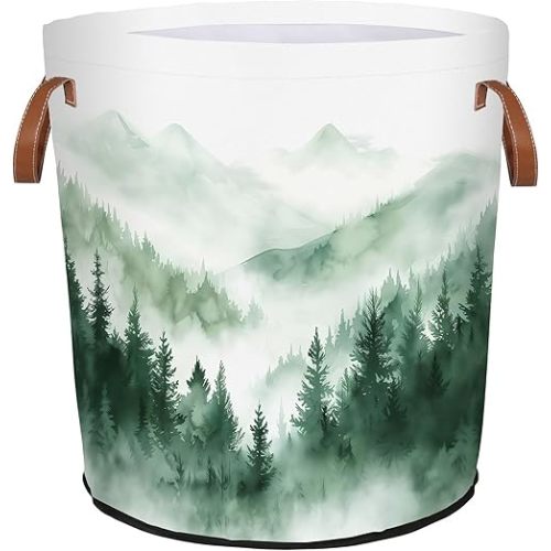Misty Forest Laundry Basket Mountain Waterproof Collapsible Hamper With Handles Oxford Cloth Dirty Clothes Tote for Bathroom, Bedroom, Living Room