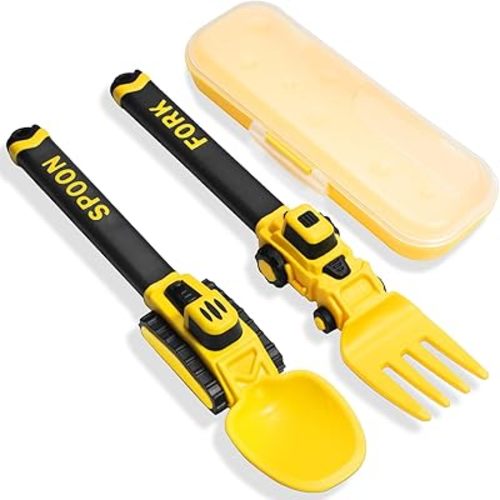 Construction Toddler Utensils - Reusable Plastic Toddler Fork and Spoon & Storage Case - Suitable for Kids Utensils - Easter Gifts and Birthday Gifts for 1 2 3 4 5 6 7 year old, Yellow