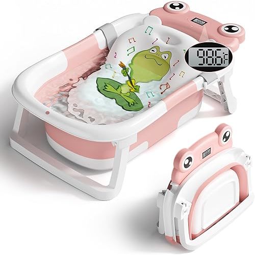 Baby Bathtub, Collapsible Newborn Bathtub for Infant to Toddler 0-24 Months with Soft Cushion and Thermometer,Portable Travel Newborn Tub with No-Slip Feet, Baby Shower Gifts,Pink