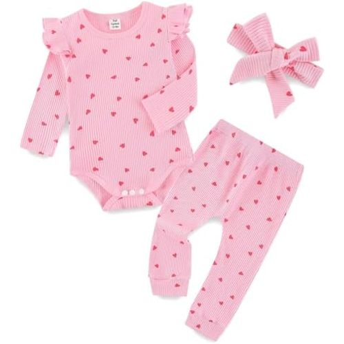 Fullfamous Baby Girl's 3pc Rib Frill Long Sleeve Romper and Pant Set