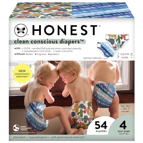 The Honest Company Clean Conscious Diapers | Plant-Based, Sustainable | Tie-Dye for + Cactus Cuties | Club Box, Size 4 (22-37 lbs), 54 Count