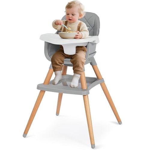 Kinder King 7 in 1 Baby High Chair for Babies and Toddlers with Large Storage Footrest, Booster Seat, Convertible Wooden High Chair with 3-Depth Double Dishwasher Safe Tray, 5 Point Harness, Gray