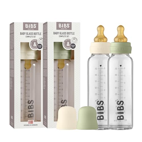 BIBS Glass Bottle, 7.6 oz, 2-Pack, Natural Rubber Nipple, Ivory/Sage | Borosilicate Glass | Anti-Colic | BPA-Free | Dishwasher Safe | Supports Natural Feeding