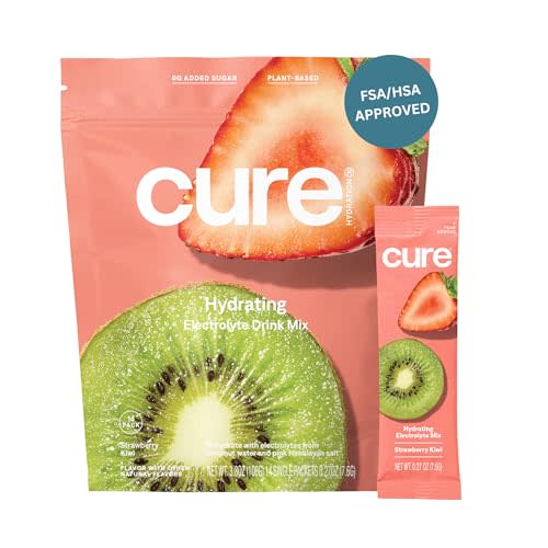 Cure Hydration | Plant-Based Electrolyte Drink Mix | No Added Sugar | FSA & HSA | Dehydration Relief Powder Made with Coconut Water | Non-GMO | Vegan | Pouch of 14 Packets - Strawberry Kiwi